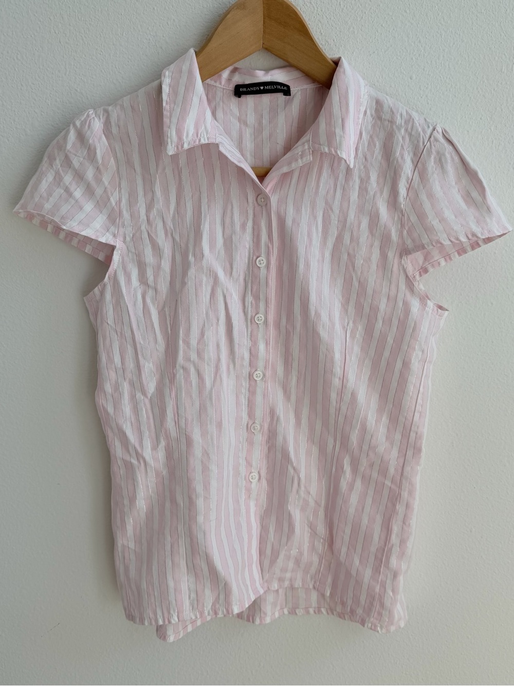 Brandy Melville Pink White Rue Stripe Top Short Sleeve Button Down Blouse